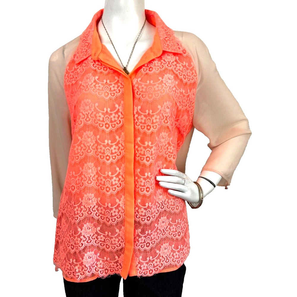 Ted Baker London Abra Lace Bib Blouse Orange Sheer Georgette Top L Coquette EUC